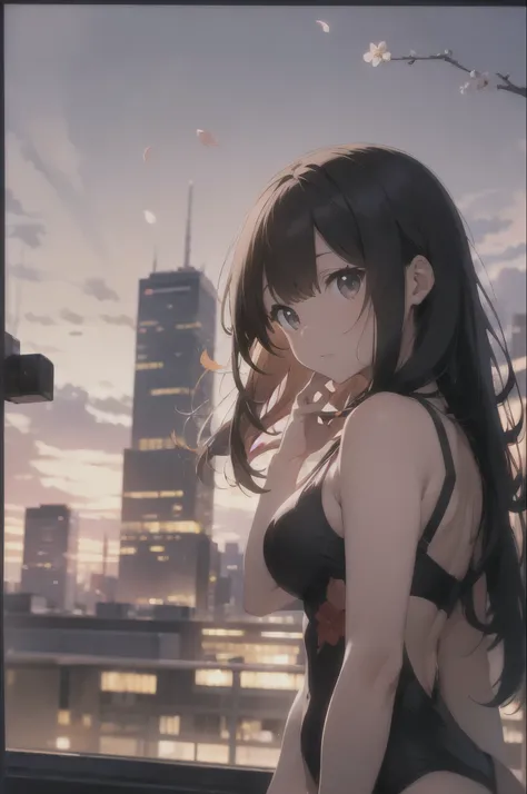 On the rooftop during golden hour、Against the background of the city skyline, A beautiful Japanese woman is photographed from behind, facing the camera. She is wearing a red swimsuit, Minimalist red swimsuit, Her long black hair fluttering softly in the wi...