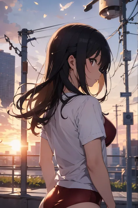 On the rooftop during golden hour、Against the background of the city skyline, A beautiful Japanese woman is photographed from behind, facing the camera. She is wearing a red swimsuit, Minimalist red swimsuit, Her long black hair fluttering softly in the wi...