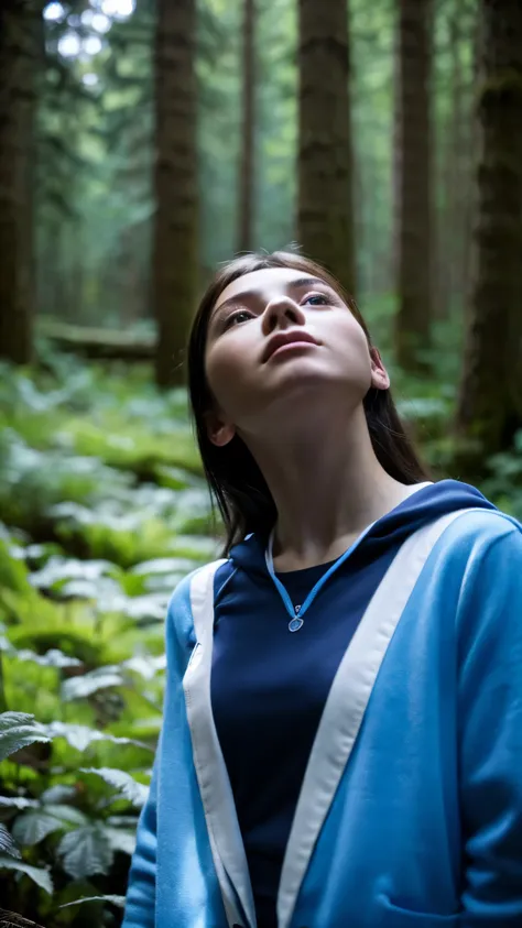 masterpiece, highest quality, Marianne_Time Skip, blue clothes, capelet, Dark alpine forest, Are standing, night, look up, Upper body, detailed face 