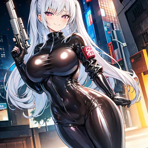 1 girl, solo, latex body suits, black clothes, silver hair, smirk, mesugaki, large breasts, handgun, holds a sci-fi gun, holding...