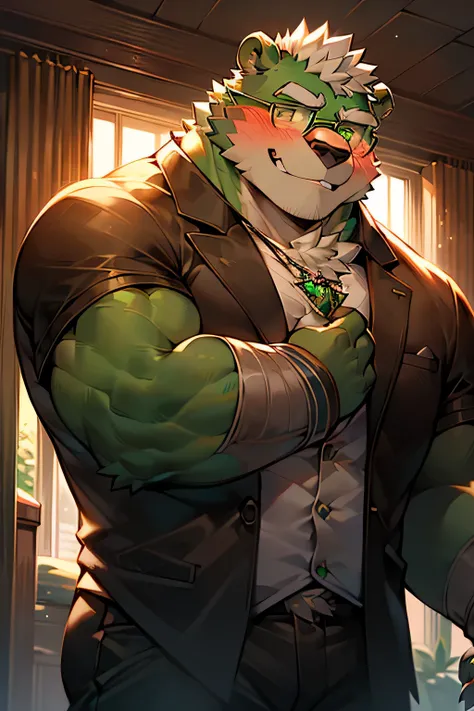 (highres),(best quality),Bear Orc,white fur all over,green pupils,Orc male,blush,round frame glasses,smile,Bear nose,short tail,teacher,anatomically correct