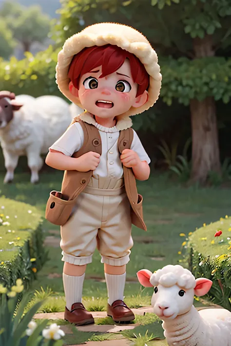 baby boy, cute, short red hair, wearing sheep shepherd outfit, crying, biblical style