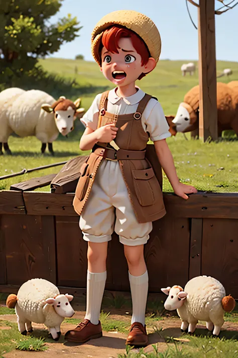 baby boy, cute, short red hair, wearing sheep shepherd outfit, crying, biblical style