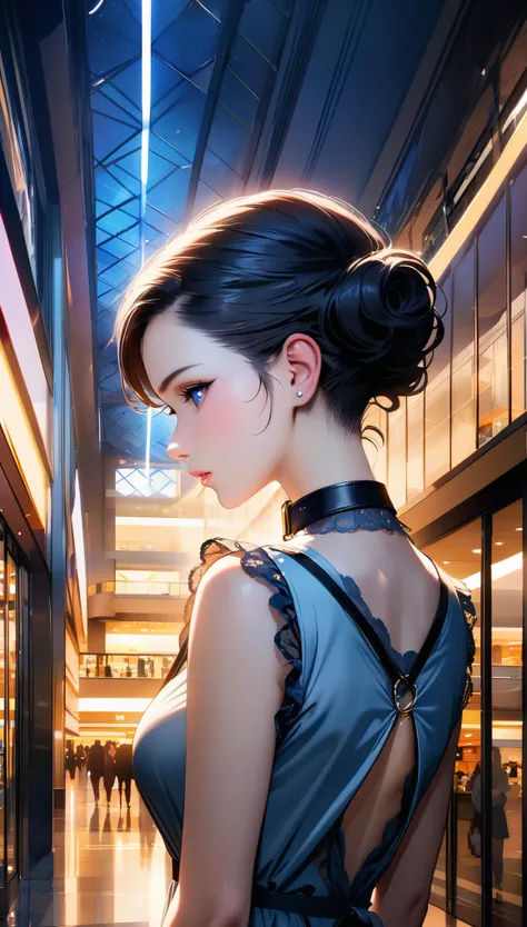 Royal sister，，(((short hair，curls,Hair combed back))), Ruffled lace dress，collar，shopping mall，Vague，Vague的背景，Vague的前景，light，light spot， contrast, phenomenal aesthetic, best quality, sumptuous artwork,PBR rendering+UE pull,16K,high resolution,masterpiece,h...