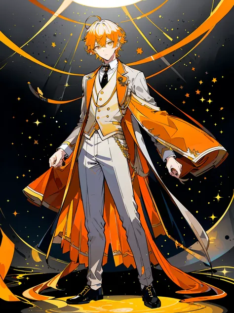 ((full body)), (a boy), male role, beautiful boy, ((armed band)), ((idol costume)), ((light yellow hair)), ((orange eyes)), ((gr...