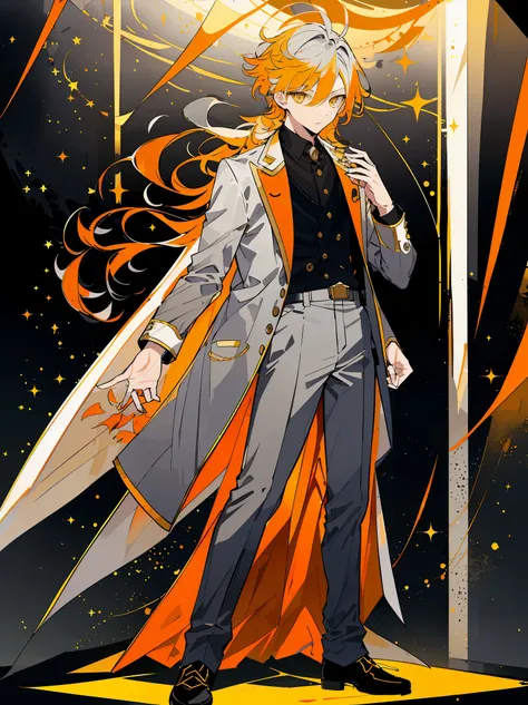 ((full body)), (a boy), male role, beautiful boy, ((armed band)), ((idol costume)), ((light yellow hair)), ((orange eyes)), ((gr...