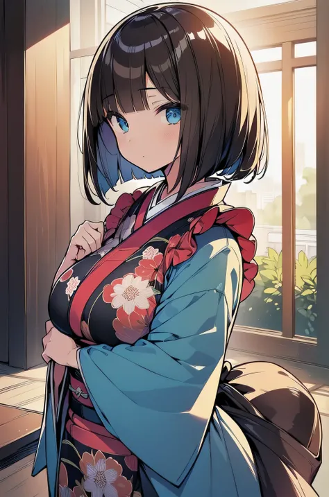 (best quality), (Super detailed), (Best Illustration), (beautiful girl), (kimono:1.3), look at viewer, (beautiful large breasts), brown hair, (bob cut:1.3), curly hair, hairs between eyes, blue eyes,