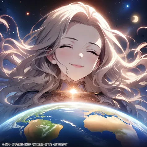 （masterpiece、need、Super delicate、high resolution），1 goddess，（long hair、Smile），background starry sky，planet earth，suns，moon，divine light，The figure exudes a sacred light，official art，Very detailed，（upper part of body、front camera）