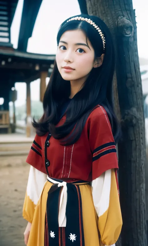 Adult japanese female wearing western dress. She is extremely  stature. Her looks like deer. 1964. Japan, Kashihara. color slide film.