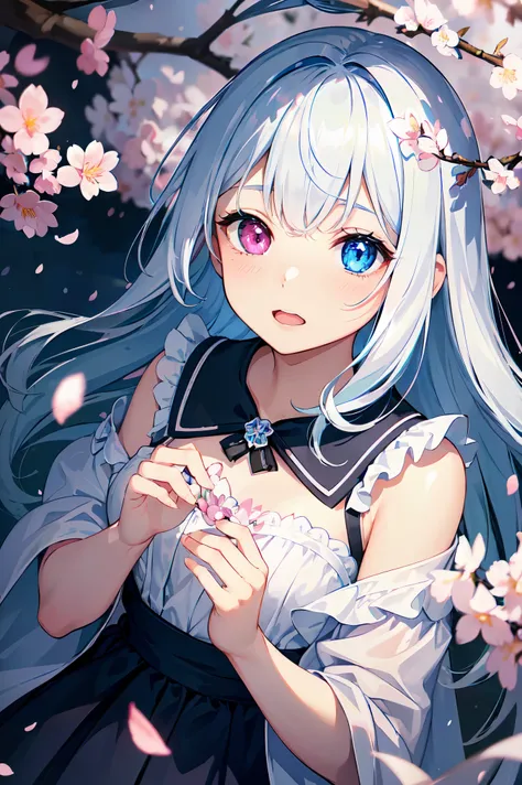 1 girl、bluish-silver hair、(Heterochromic droopy irises,shineing eyes:1.4)、、10 years old、big smile、thin、blurred background、shine、shining hair、(spring、cherry blossom petals dancing in the wind、From above、There&#39;The girl behind the cherry blossoms:1.3),amb...