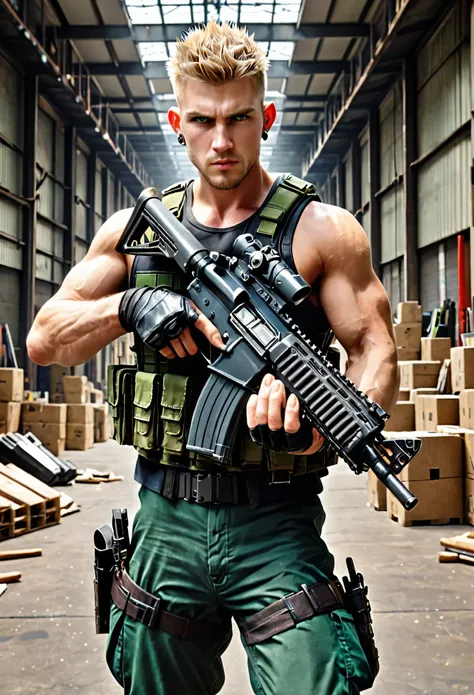 masterpiece, best quality, solo, solo focus, blonde hair, crew cut, spiky hair, combed back hair, green eyes, circle earrings, evil smirk, mercenary, australian, male focus, using weapon, assault rifle, danger atmosphere, load-bearing vest, ammunition belt...