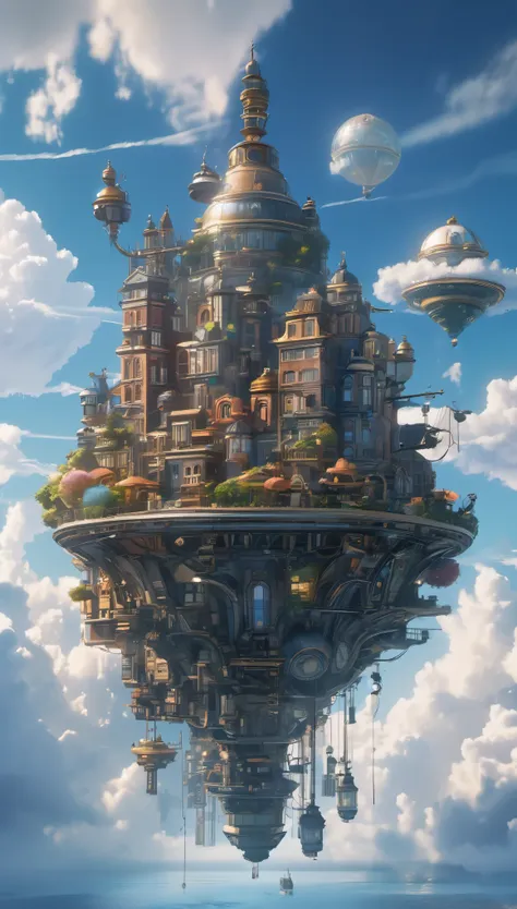 super details, high detail, high quality, 8k, miyazaki style, a steampunk-style city floating in the sky, clouds and diverse arc...