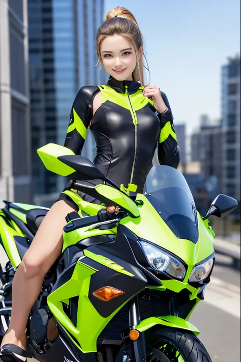 a glowing cyber girl with a cybernetic arm,(transparent and revealing clothing:1.3, ),(cybergirl rides a colorful custom painted...