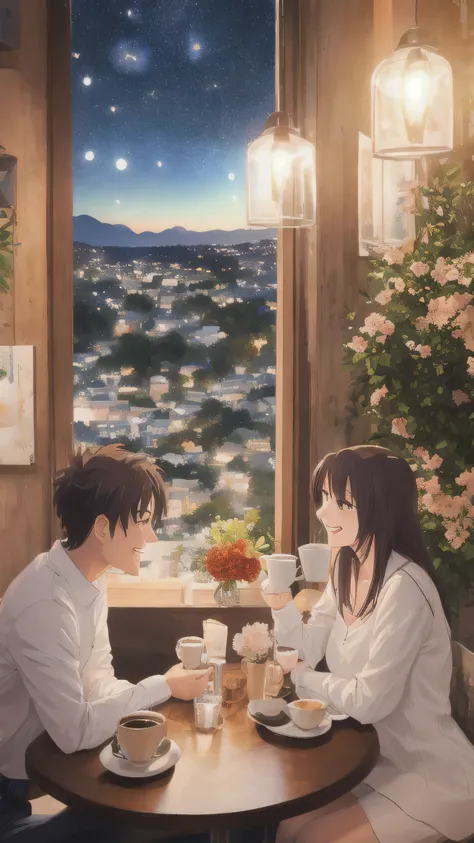 an anime-style image of a cozy café with soft lighting and warm colors? The couple could be sitting at a table, sharing a laugh over cups of coffee or tea, with a gentle smile on their faces. In the background, you could include subtle romantic details lik...