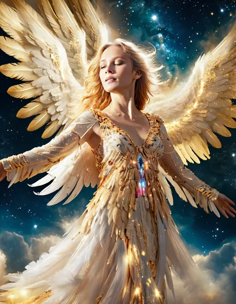 photo, angel (woman) flying in night sky, golden|cosmic heaven, long feather dress night-sky, feather wings, mist cosmic galacti...