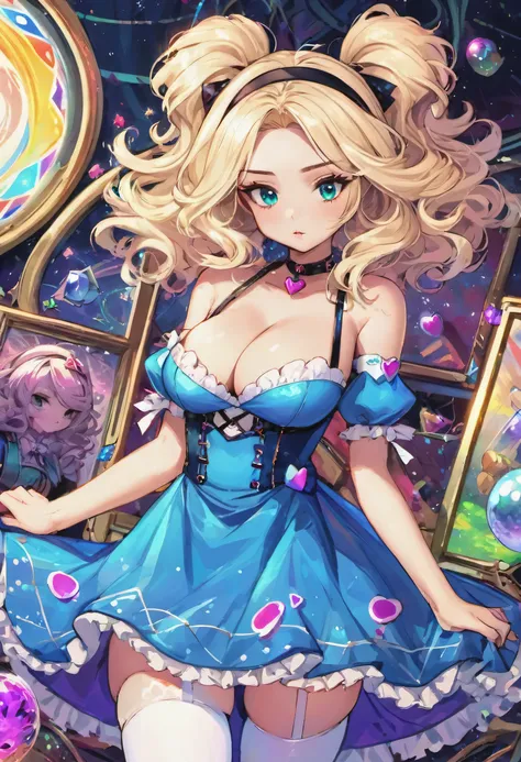 a beautiful 20 year old blonde woman with big messy hair in a blue dress, white stockings, black headband, cleavage, fantasy art style, rossdraws cartoon vibrant, alice x. zhang, alice in wonderland cyberpunk, cute detailed digital art, colorfull digital f...