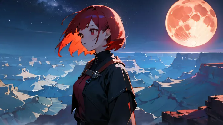 pretty girl、redhead、bob、red eyes、High resolution、4k、8k、spectacular scenery、anatomically correct、sorrow、night、Grand Canyon、big moon、starry sky