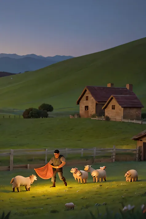 man stealing a sheep in a field at night, biblical style