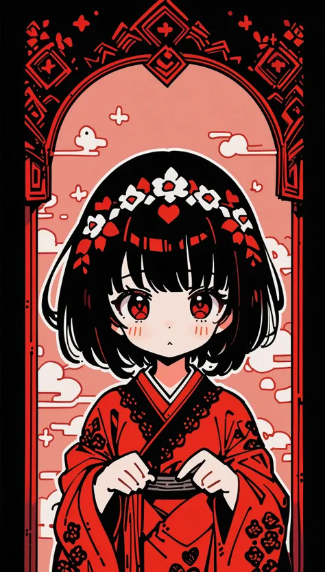 (Beautiful illustrations:1.2), (Kawaii Maiden:1.0), (1girl, solo:1.0), (black short hair:1.0), (Red kimono:1.0), (Upper body:1.0), (Super detailed, high resolution, 4k:1.0),