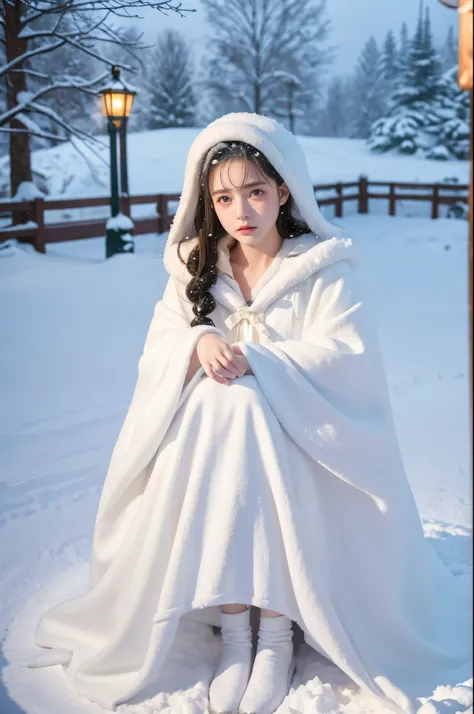 ((Works of masters))，(ultra high resolution)，1 girl,Glowing eyes，Tears of sadness， Sitting, Lolita costume，Cloak (Snow, Snow，Outdoor activities in winter:1.2),