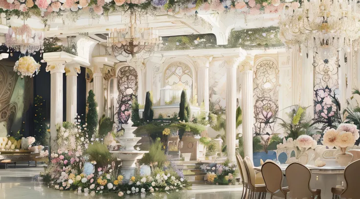 It turns out there was a big room，there are many tables and chairs, magnificent flower temple, Queen&#39;s Revolving Garden, Stunning mystery background, Beautiful aesthetic design, Gorgeously decorated, floral environment, huge pillars and flowers, rococo...