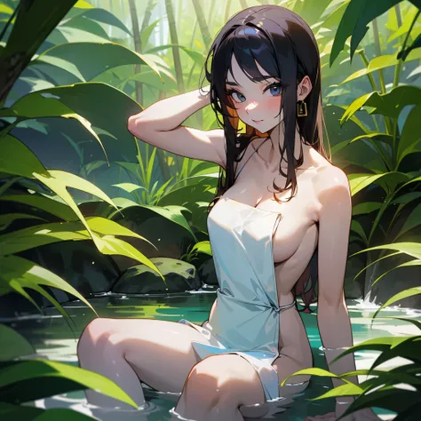 A hot girl age 30, bathing in jungle, attractive body, seductive pose, wearing towel.