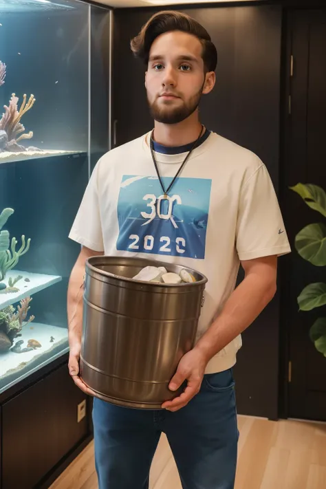 Sowell Bay, Washington, 2023. A young ((((30-year-old)) Cameron Cassmore)), working in the acuarium museum, carrying a big bucket, ((frustrated expression)), looking away, ((((casual clothings from the 2020s)))), ((hairstyle of the 2020s)) 