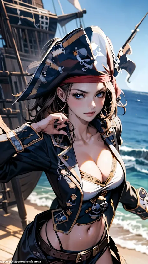 A breathtaking masterpiece、Captured in breathtaking 8K resolution、The portraits are exquisitely detailed and realistic.。The scene is bathed in HDR light.、Depicts a beautiful woman at a medium distance、Gorgeous pirate woman on a pirate ship at sea, sexy gir...