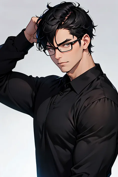 short man, height is 170cm, jet black short straight hair, strong build, muscular, glasses with thick and black frames, light narrow stern eyes, black shirt