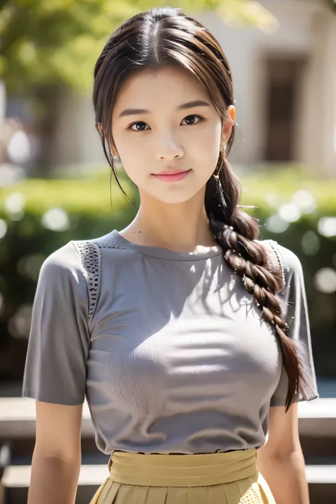 1girl , Wearing (Grey knitted shirt、Red bean-colored long skirt、), (Lighting-Gold:1.3), (masterpiece) (Photorealistic:1.7) (Best Quality),braided ponytail, hairclip, bokeh, Canon, UHD, masterpiece, anatomically correct, textured skin, high details, high qu...