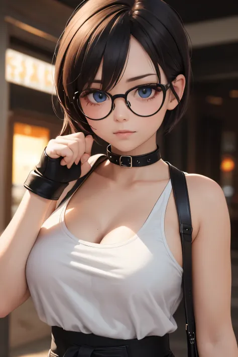 wide angle shot, beautiful female street fighter, wearing large glasses, black undercut hair, wearing large steel knuckles