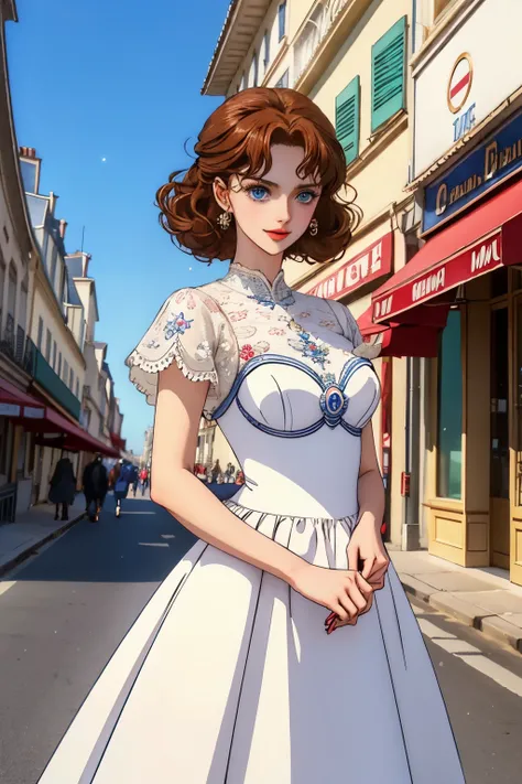 ((best quality)), ((masterpiece)), (detailed), perfect face, (Style: Anime) A graceful French woman with short, curly brown hair and sparkling blue eyes. Her elegant dress incorporates the colors of the French flag (blue, white, red) and features delicate ...