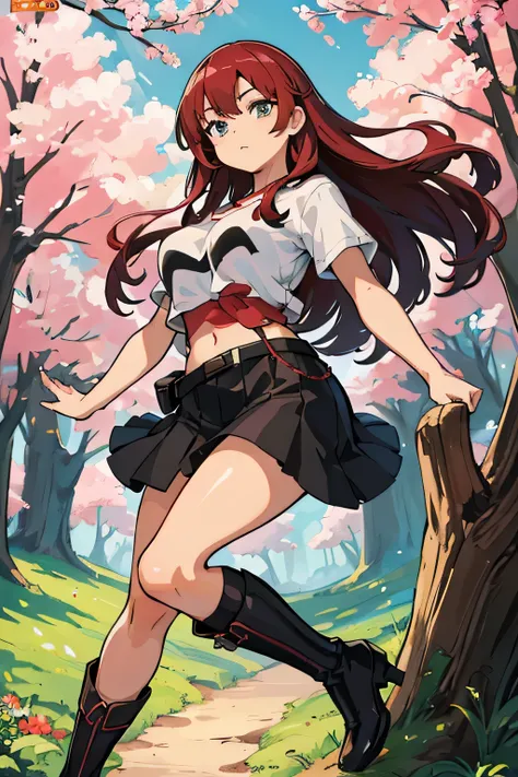 (best quality, masterpiece), official art, illustration, ligne claire, highres, absurdres, ultra-detailed, 8k, cel shading, 1girl, long red hair, forest, sakura, leafs, tree, white t-shirt, cutout above navel, black skirt, black belt, boots, high res, ultr...