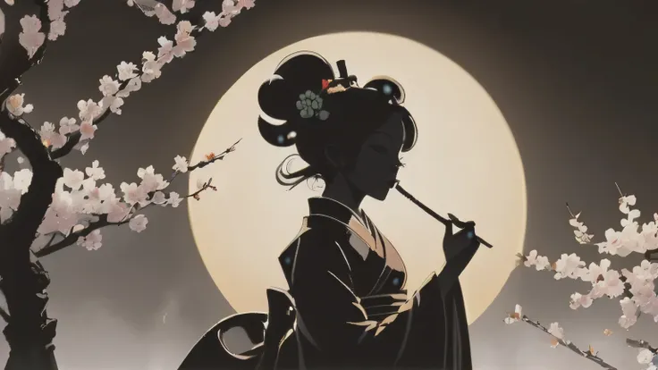 mate piece, (Oiran:1.2), With a pipe in hand, (((cigarette smoke:1.3))), logo, monotony, moon, cherry blossom background, (SakuraFubuki:1.2),  (silhouette:1.4), masterpiece,