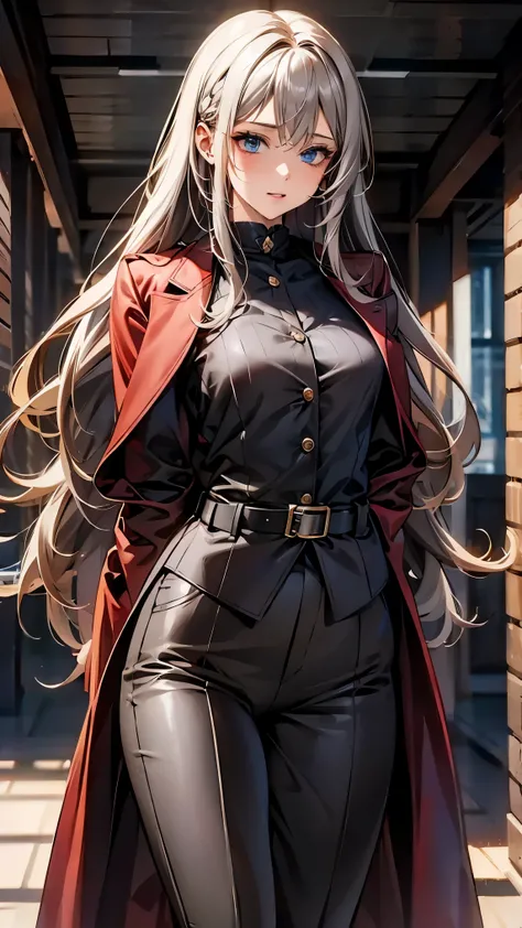 (mature woman１name), (gray hair, long hair:1.3), blue colored eyes, (medium breasts), (red leather long coat), belt, pants, office, masterpiece, high quality,  ((1 boy, and 1girl arehaving sex:1.6, doggystyle))