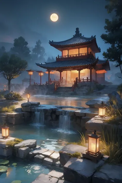 Ancient Chinese architecture, moon, midnight, garden, bamboo, lake, stone bridge, rockery, arch, corner, Tree, tap water, landscape, outdoor, Fall, Grass, rock, lotus, hot spring, water vapor, (illustration: 1.0), epic work, Realistic lighting, HD details,...