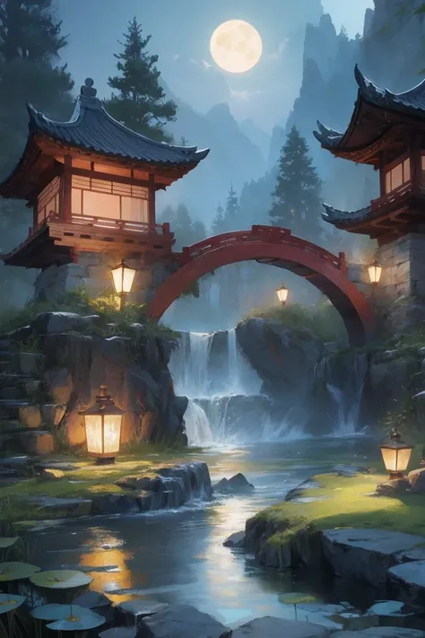 Ancient Chinese architecture, moon, midnight, garden, bamboo, lake, stone bridge, rockery, arch, corner, Tree, tap water, landscape, outdoor, Fall, Grass, rock, lotus, hot spring, water vapor, (illustration: 1.0), epic work, Realistic lighting, HD details,...