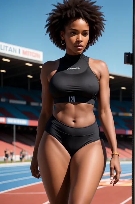 beautiful black college woman, in a lightly revealing sexy track outfit, outside on track field, ((slim, petite)), very curvy, walking away show her curvy round ass: photorealistic, photo, masterpiece, realistic, realism, photorealism, high contrast, photo...