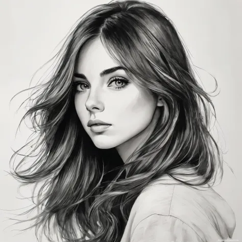 disegno di una ragazza con capelli lunghi, occhi all'insù, bocca piccola, bellissimo stile di disegno, ritratto di una bella rag...