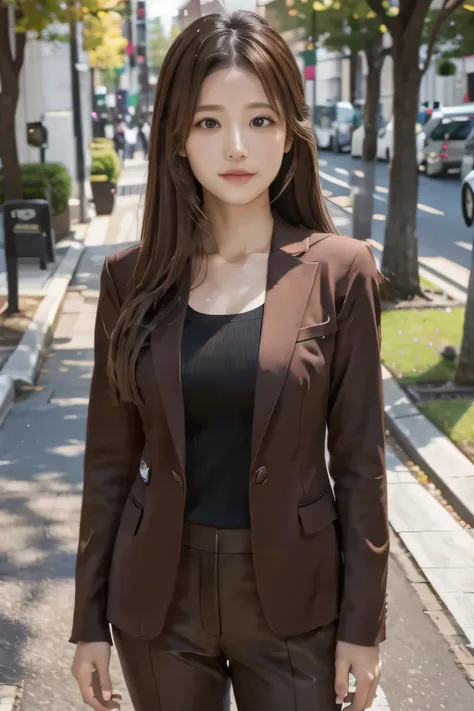 highest quality, Photoreal, Super detailed, finely, High resolution, 8k wallpaper, Professional, Advanced level of detail, A female college student posing at the company entrance, slender Japanese woman, ((facing the front)), detailed clavicle, Medium ches...