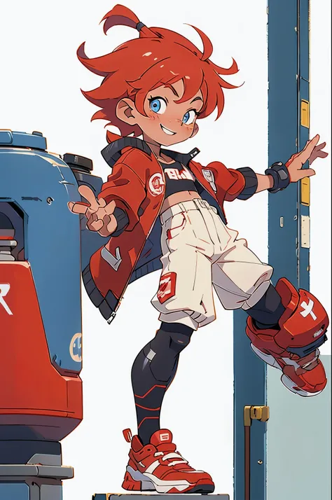 shortcut,Red hair color,blue eyes,11 years old,boyish,Asian,smile.primary school student,tanned skin,thin,freckles,black spats,white hot pants,white tank top,Red jacket,near future,cyber punk,Raising his right arm and waving on the roof of a building,