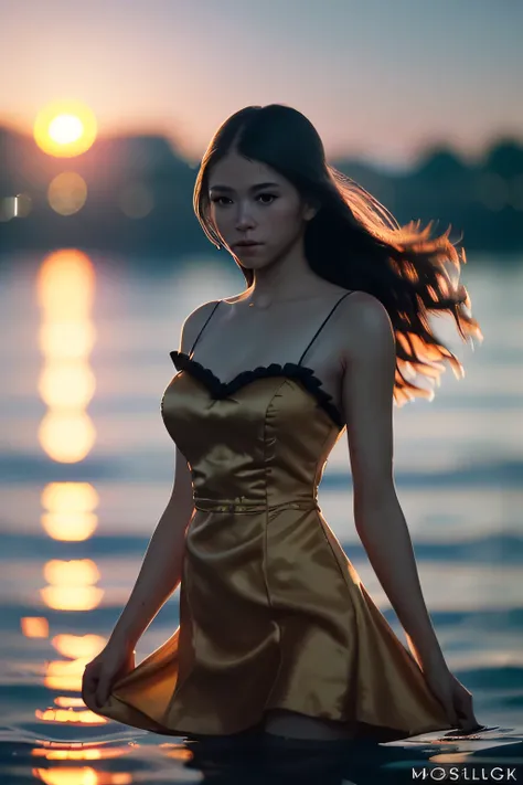 (masterpiece), (very complicated:1.3), (realistic), girl portrait, stood in the water, the most beautiful in the world, (camisole dress), sateen reflection, outdoor, intense sunlight, distant fortress, Stunning female professional photo details, sharp focu...