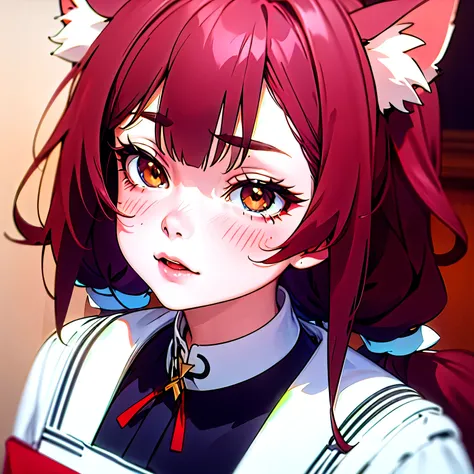 (masterpiece, best quality:1.2), facial expression,white eyes，red hair，fox ears，Pitiful，blush，look down