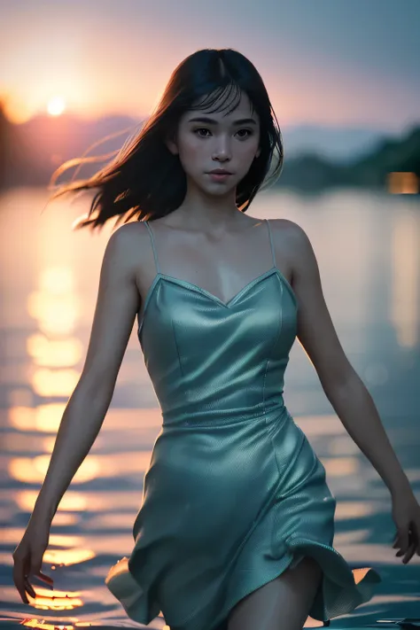 (masterpiece), (very complicated:1.3), (realistic), girl portrait, dancing in the water, the most beautiful in the world, (camisole dress), sateen reflection, outdoor, intense sunlight, distant fortress, Stunning female professional photo details, sharp fo...