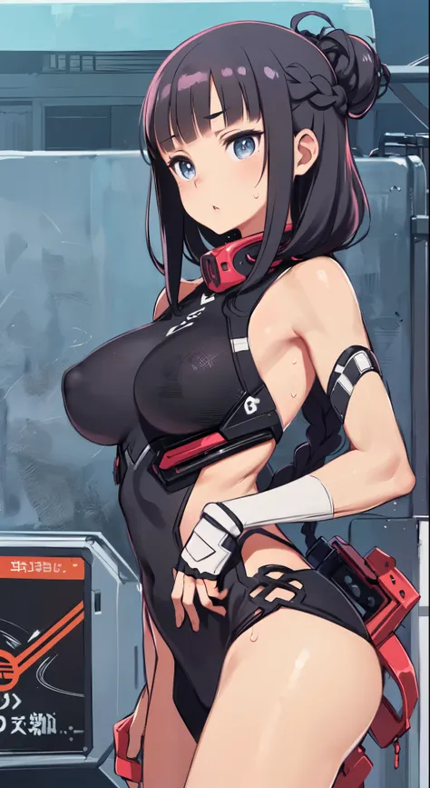 ((table top, highest quality, High resolution, nffsw, perfect pixel,  4k, nffsw, nffsw、Anime Screen Capture、Red Gauntlet))), 1 girl, single, alone, Beautiful woman、I could see the whole body、 ((middle wave hair, dull bangs, Braid black hair)), ((Red and sh...