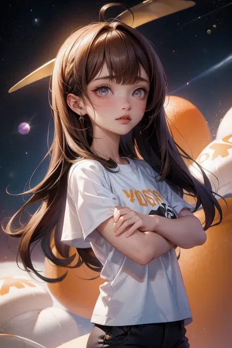 girl, brown hair, orange eyes, arms crossed, in the center of the universe, ((anime style)), White shirt, pastel colors, Colorful background, space background, soft strokes