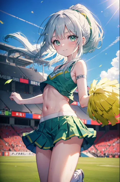 index, index, (green eyes:1.5), silver hair, long hair, green eyes,ponytail,(flat chest:1.2),(cheerleader), (whole body), lower,...