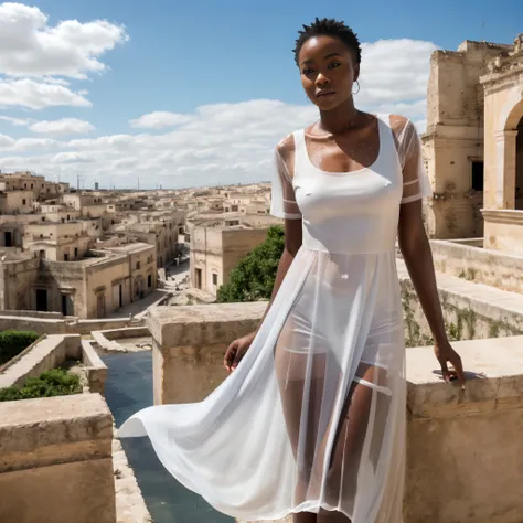 Nigerian Ebony woman in a white large transparent dress with ruined city of Matera in background posing for a professional photoshot, (wearing a transparent wet white dress), WhiteWetWear, blue cloudy sky, rich colors, hyper realistic, lifelike texture, wi...