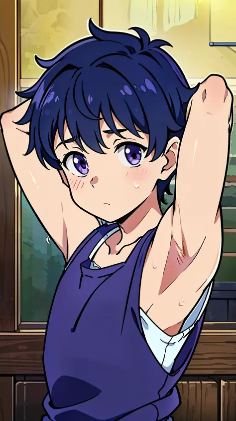 highres,Masterpiece， Best quality at best,Best Quality,hight quality, hight detailed, realistic, photorealistic, Anime style, 1boy, Little Boy, indoor, Cheerful boy, basket uniform,Tank Tops, Shirts, purple uniform, (Show his armpit, Smooth armpit), boy fo...