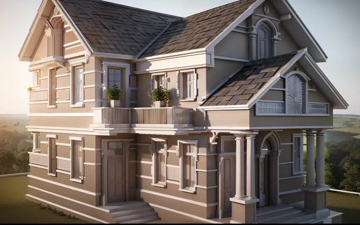 un gros plan d&#39;une maison avec un balcon et un balcon, Rendu 3D, rendu 3D, vue de face dramatique, front elevation view, vue de face, vue de face, avec rendu 3D, avec rendu 3D, neoclassical style, Rendu 3D, vue 3d render, front elevation, 3D model rend...